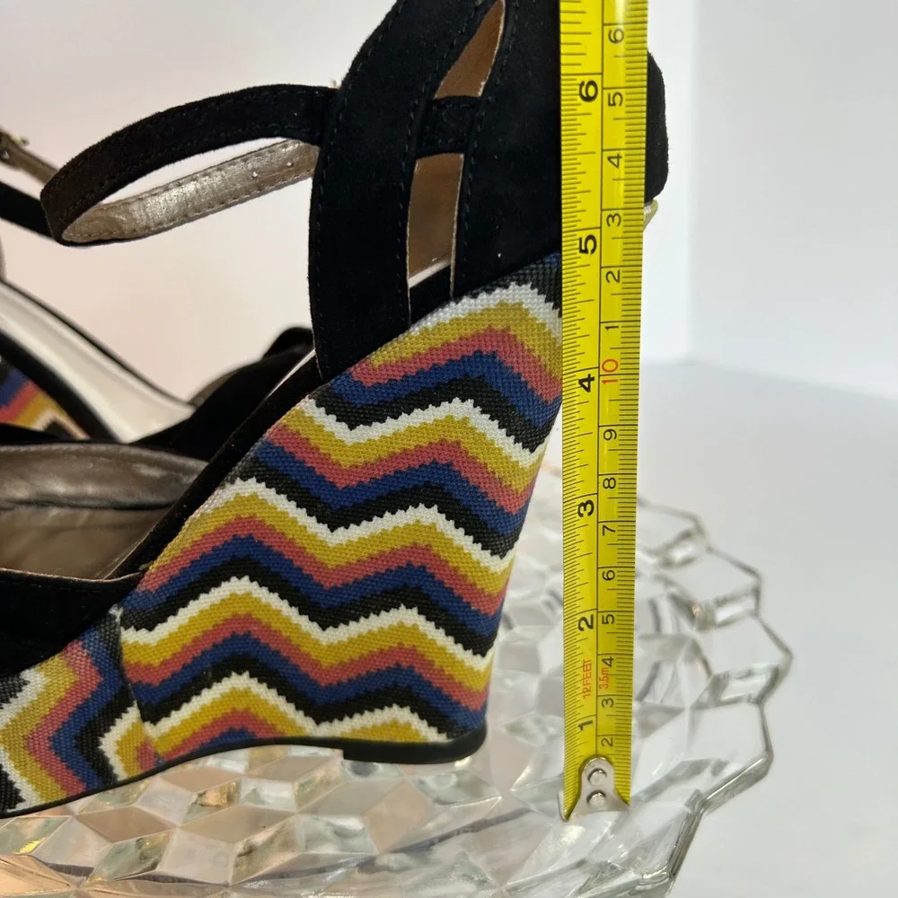 Qupid Platform Wedge Sandals Black Suede Bow Ankle Strap Multicolor‎ Zigzag